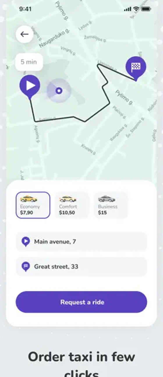 Lynk app screen showing map route, ride categories and request ride button